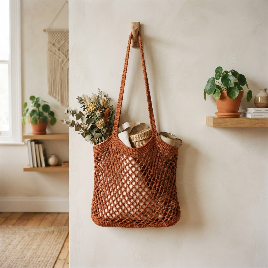 Bolsa de crochê em rede na cor terracota